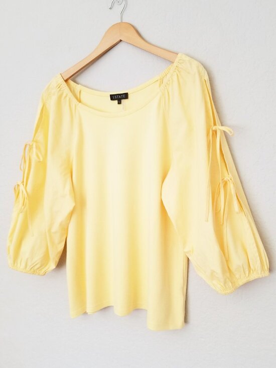 1. State Tops - 1. State Women' L Butter Yellow 3/4 Balloon Sleeve Tie Bow Blouse Top Coquette